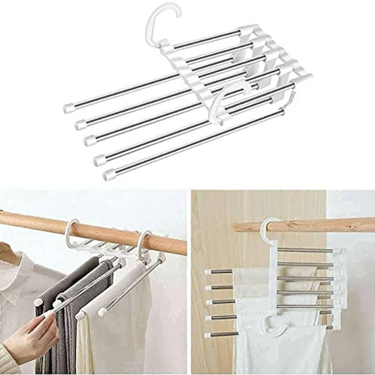 5 in 1 Foldable Hangers for Clothes Hanging Multi-Layer Multi Purpose Pant Hangers for Wardrobe Magic Foldable Hanger Space Saving 5 in 1 Rack Stainless Steel Cloth Hanger(Pack of 1)